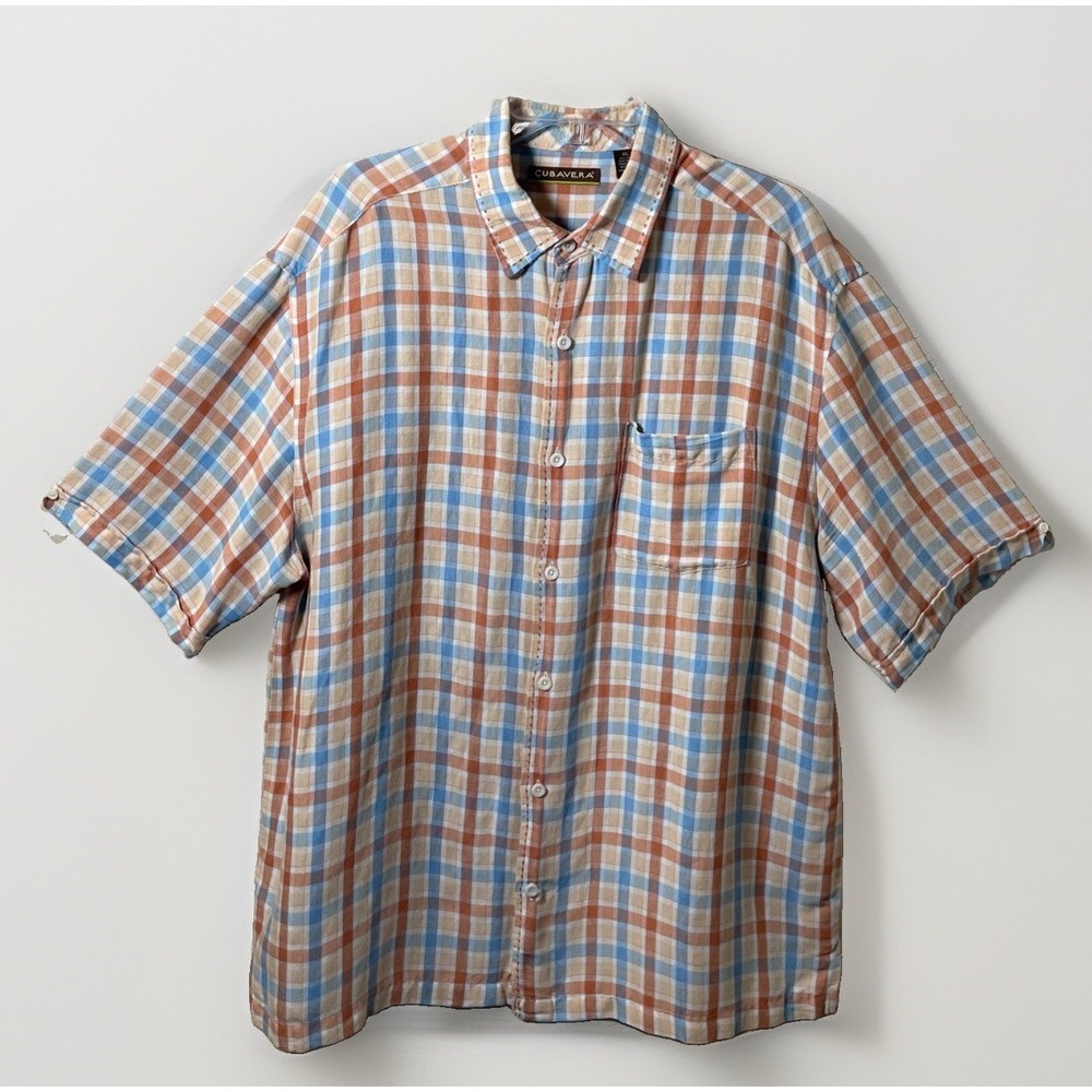 Cubavera‎ Linen Blend Plaid Short Sleeve Button Up Camp Shirt Men's XL Beachy